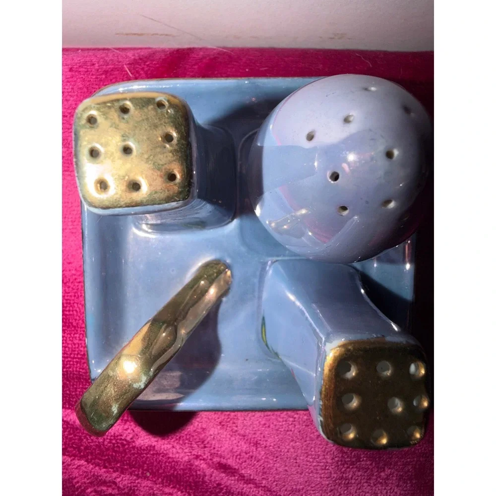 Vintage Nippon Hand Painted Lusterware Condiment Set Poinsettia Japan Blue 4pc